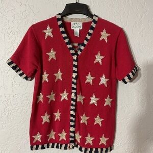 The Quacker Factory Patriotic Stars and Stripes Button Down Short Sleeve Sweater